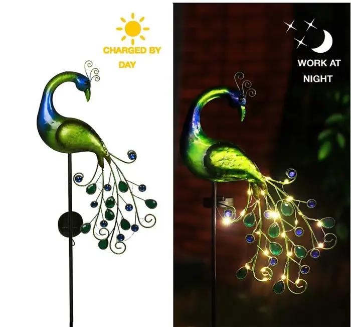 Lampe LED solaire d'extérieur en forme de paon, Statue de paon en métal pour chemin de paysage extérieur, décoration de jardin, lumières de Sculpture de paon