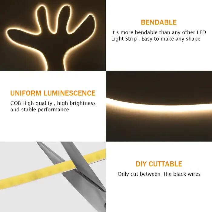 Bande Lumineuse LED COB Ultra Fine, Haute Densité, Linéaire, Blanc Chaud, Rouge, Vert, Bleu Glacé, Rose, Jaune, 3mm, 5V, 12V, 320 Gible/m