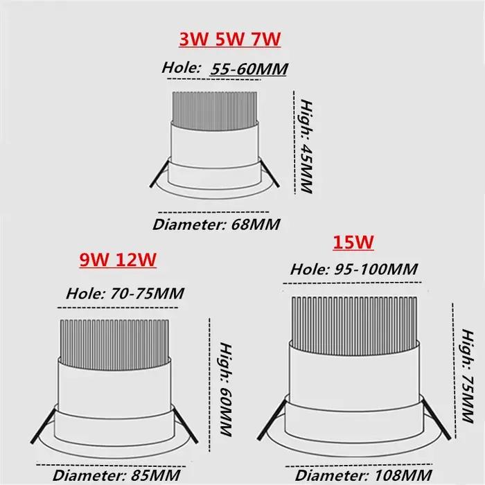 Lampe encastrée LED COB vers le bas 3W 5W 7W 9W 12W 15W adaptable pour entrée moderne et ambiance spéciale