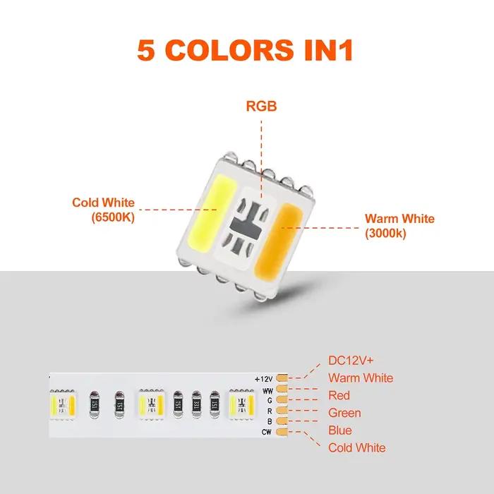 Bande lumineuse LED RGB CCT, 5m, 5 couleurs en 1, puce 12V 24V DC RGBCCT 5050 60 90 LED, ruban Flexible, étanche IP30 IP65 IP67