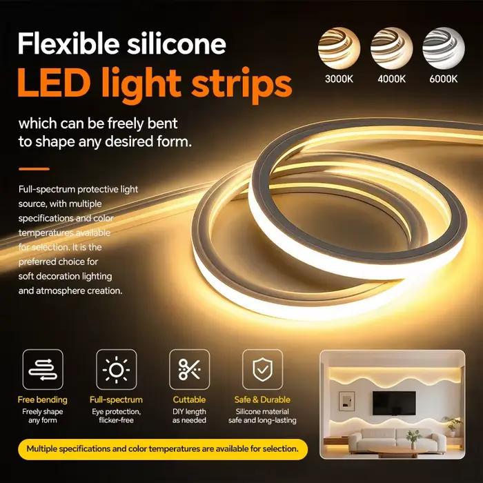 Tube diffuseur flexible en silicone laiteux, gaine néon pour bande LED COB 24V, éclairage décoratif intérieur encastré pour armoire, mur, plafond