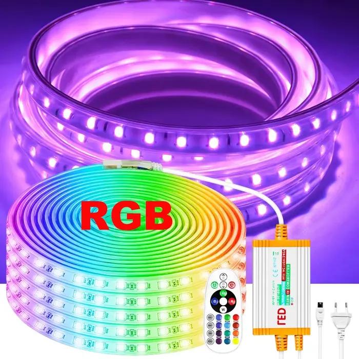 Bande lumineuse Led RGB, 1m-100m, 220V, avec prise d'alimentation ue 1500W, 5050, 60 diodes/M, étanche IP67, bande Flexible pour décoration d'éclairage domestique