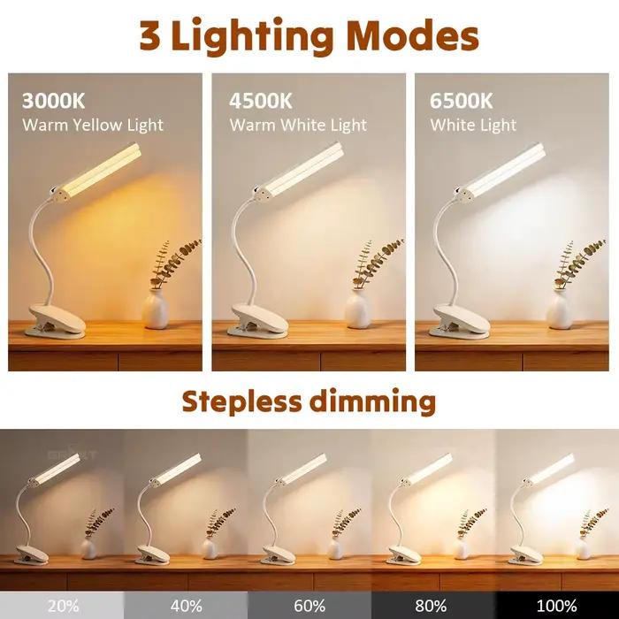 Lampe de table flexible à pince LED rechargeable pour bureau et chambre, double tête, intensité variable, protection des yeux pour enfants et adultes, lecture et étude