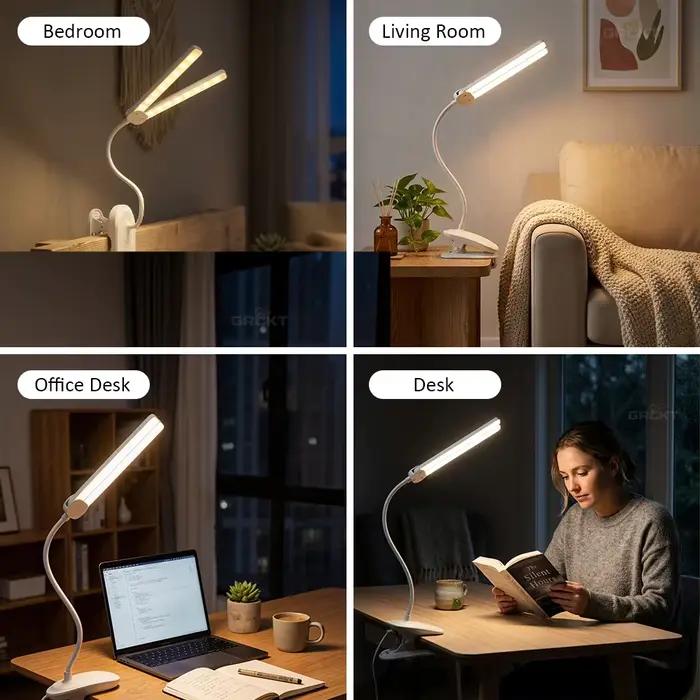 Lampe de table flexible à pince LED rechargeable pour bureau et chambre, double tête, intensité variable, protection des yeux pour enfants et adultes, lecture et étude