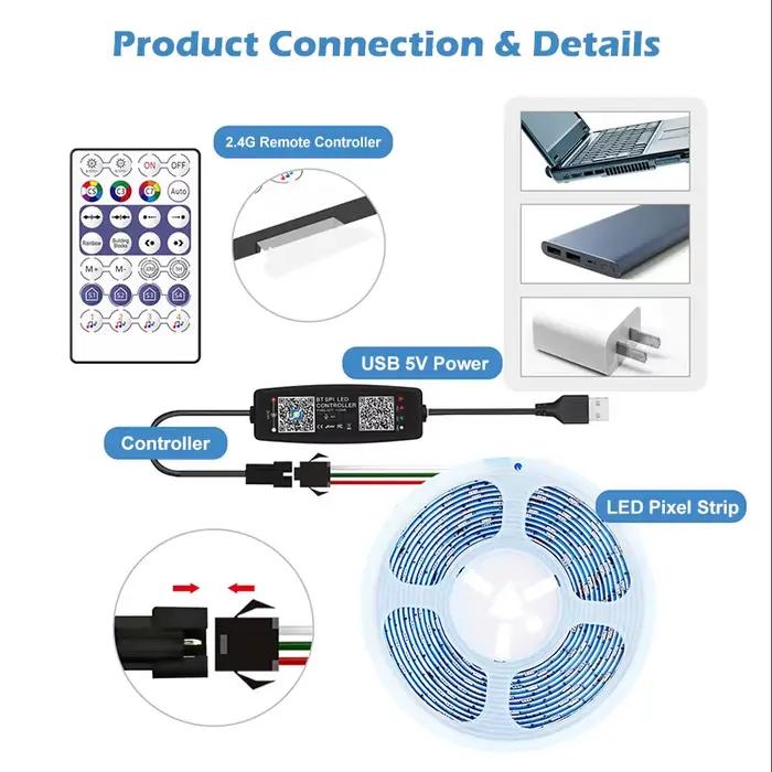 Contrôleur BLE WS2812B Musique Bluetooth pour bande lumineuse LED Pixel SK6812 WS2811 WS2812 Bande lumineuse LED USB 5V Contrôleur à distance par application