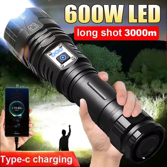 Lampe de poche LED Ultra puissante 600W, torche Super lumineuse, lampe rechargeable, lanterne tactique, longue durée de vie de la batterie, lampe de Camping