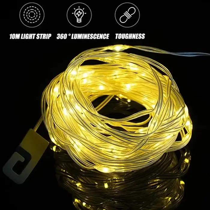 Lampes solaires d'extérieur lumière de camping guirlande lumineuse 10mètres ambiance RGB lampe de poche LED avec crochet美好生活,从这些户外太阳能灯开始。想象一下星空下的夜晚,被柔和的蓝色光芒照亮。这些户外太阳能灯就是为此而设计的。无论您是在野外露营还是在家里营造浪漫氛围,它们都能为您的空间带来独特的光线。长达10米的串灯可以轻松装饰您的室外环境,创造出梦幻般的氛围。