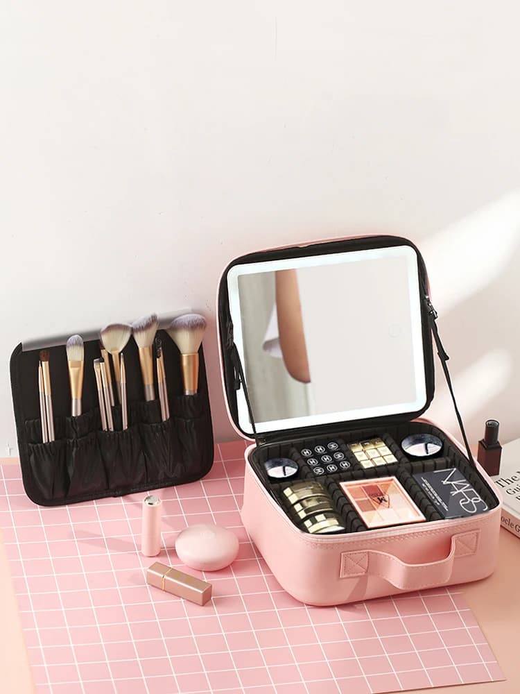 Trousse de maquillage avec miroir, étui de voyage, rangement cosmétique, évaluateur lumineux, lumièr
