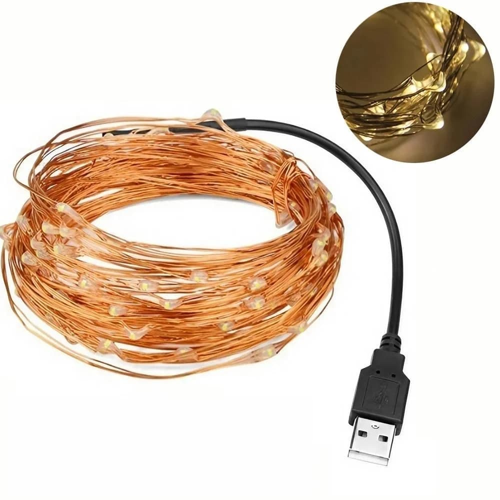 Guirlande lumineuse LED USB en fil de cuivre argenté, étanche, pour décoration extérieure de Noël et
