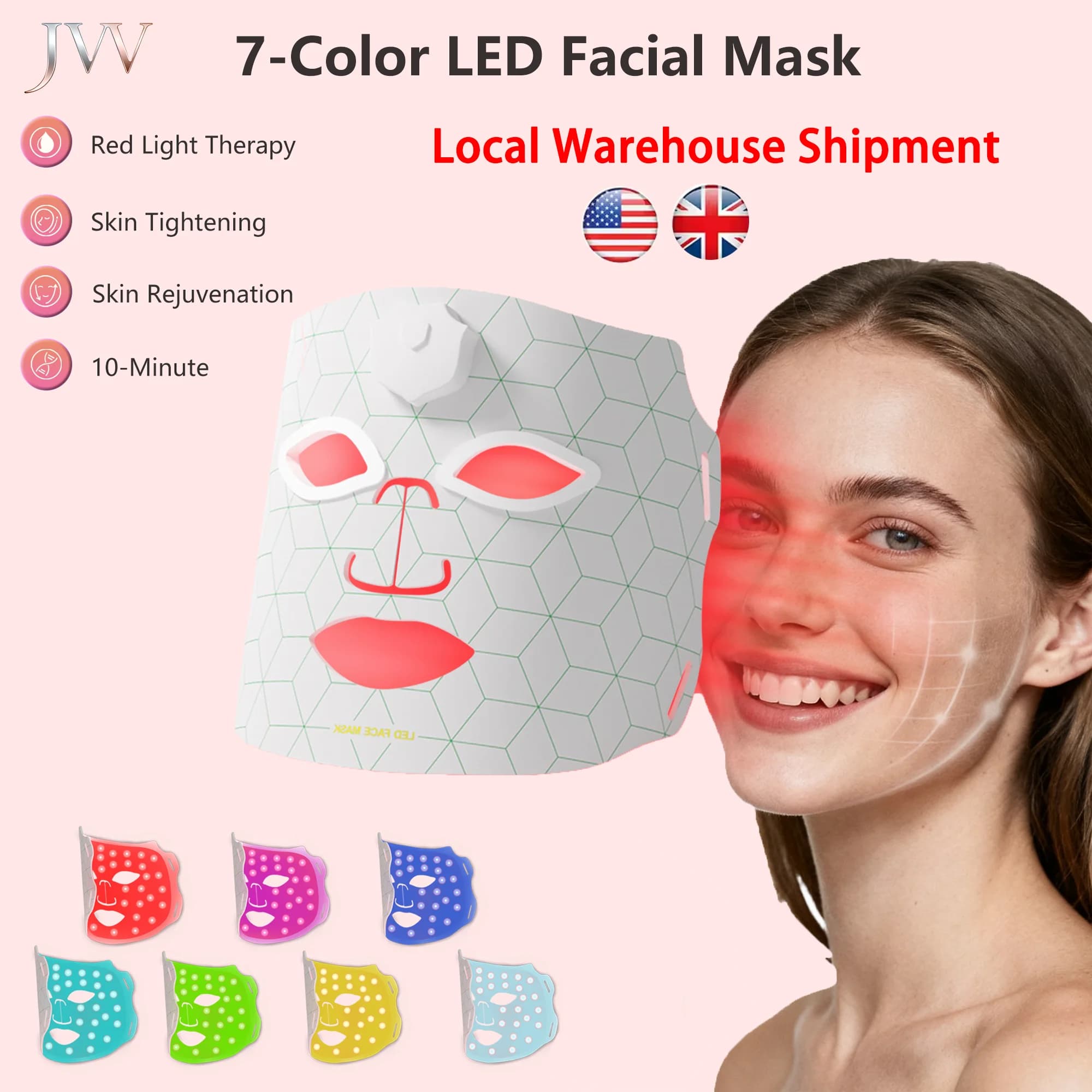 Nouveau Masque de Photothérapie LED Rouge 7 Couleurs JVV, Masque en Silicone Doux à Lumière Rouge LE