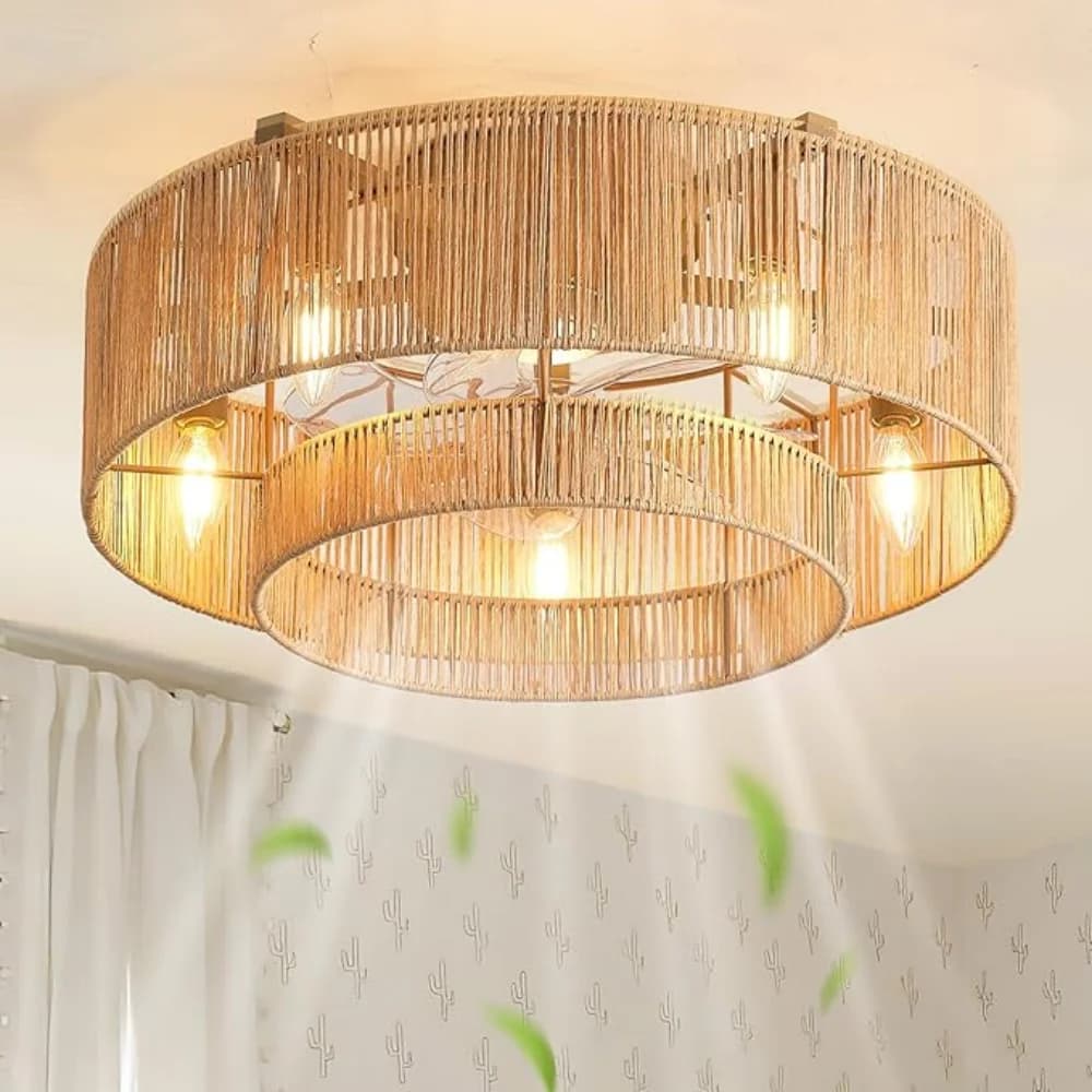 Ventilateurs de plafond en corde de jute de 50 cm avec lumière, télécommande, 6 vitesses, ventilateu