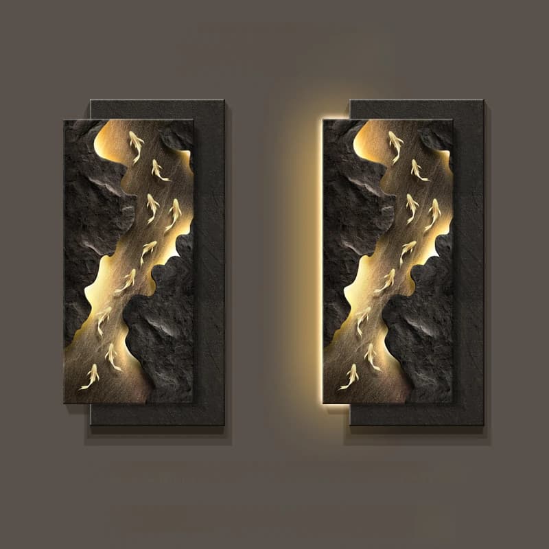 Peinture de décoration d'entrée à lumière Led avec poisson Koi suspendu à la fin du couloir, lampes