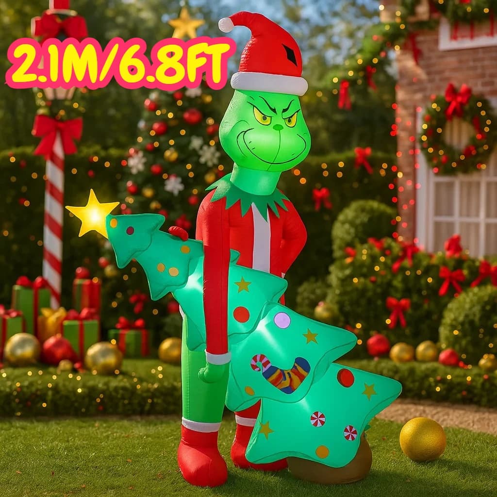 2.1 M/6.8FT gonflable Grinch tenant des arbres de noël lumière LED décorations pour la maison jouet