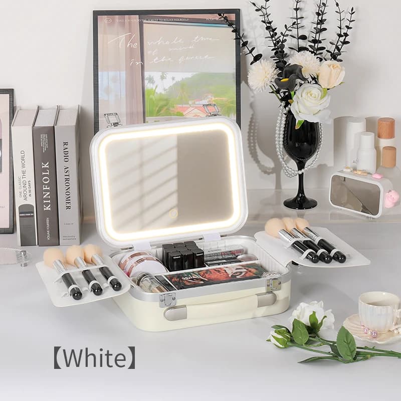 Boîte de rangement de maquillage portable avec lumière LED et miroir – Étui de train cosmétique adap