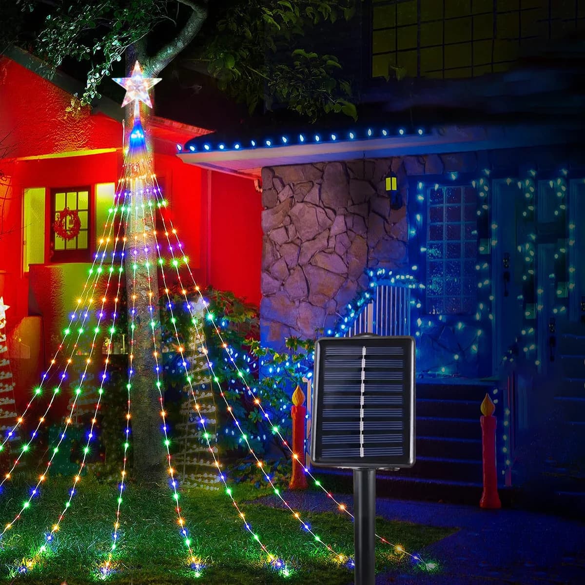 Guirlande lumineuse solaire étanche avec pentagramme de noël, décorations pour Festivals en plein ai
