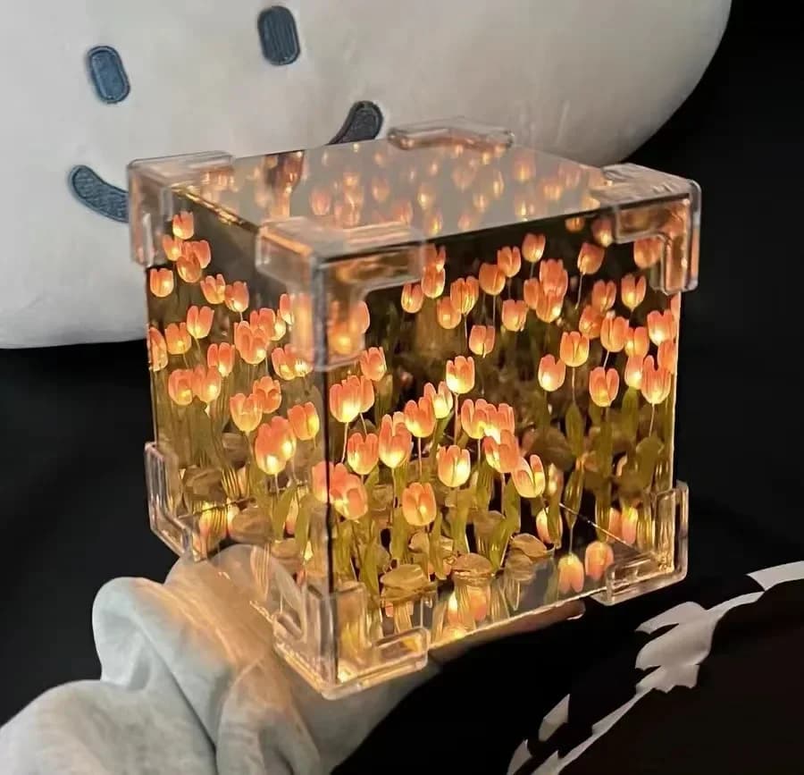 Bricolage à la main tulipe miroir Cube lampe Simulation fleur chambre lampe de Table de couchage art