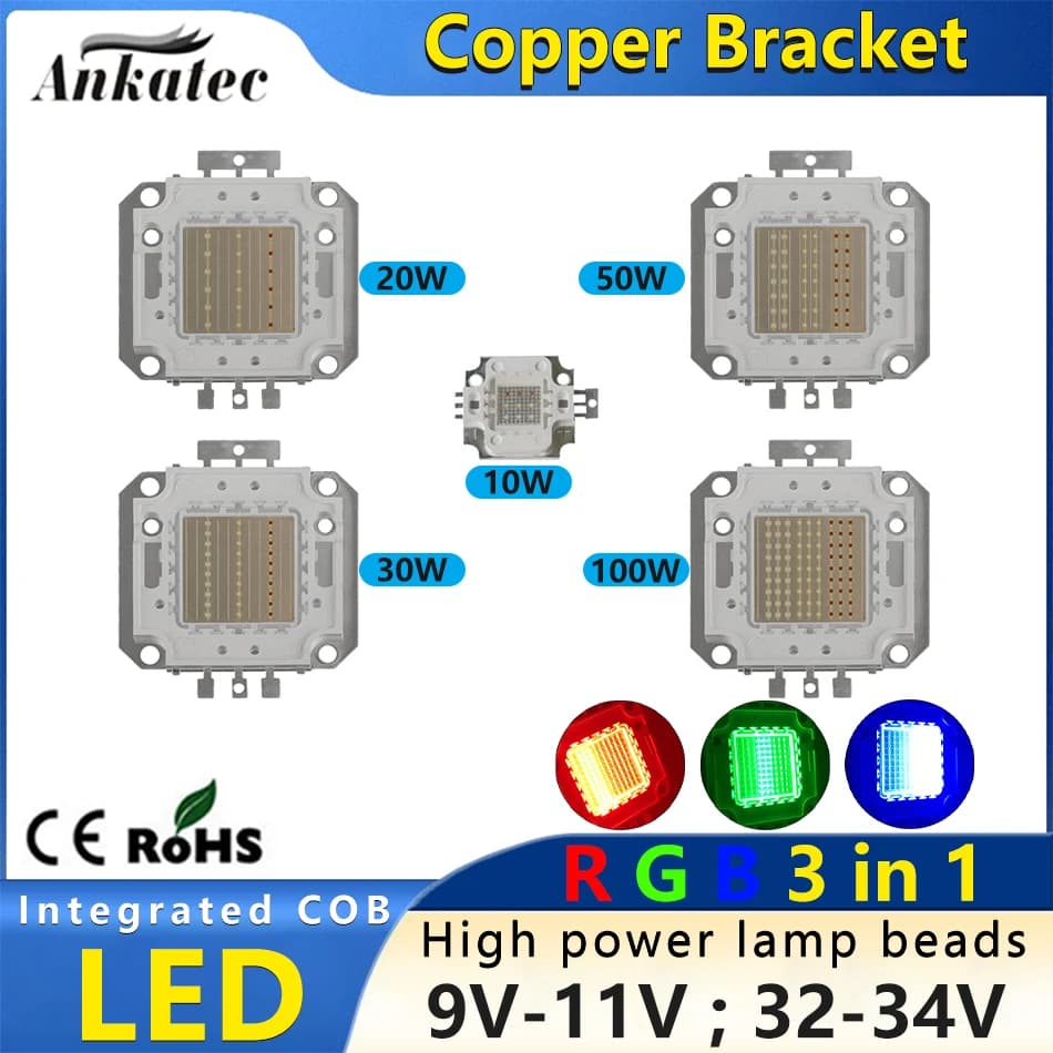Lampe murale LED haute puissance 10W 20W 30W 50W 100W, support en cuivre, COB rouge vert bleu, perle