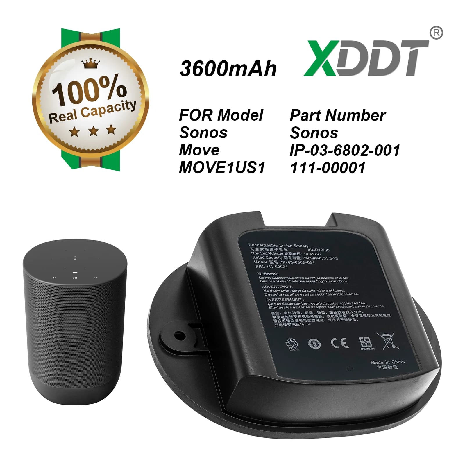 Batterie de haut-parleur 14,6 V 3600 mAh IP-03-6802-001, 111-00001 pour Sonos Move, MOVE1US1