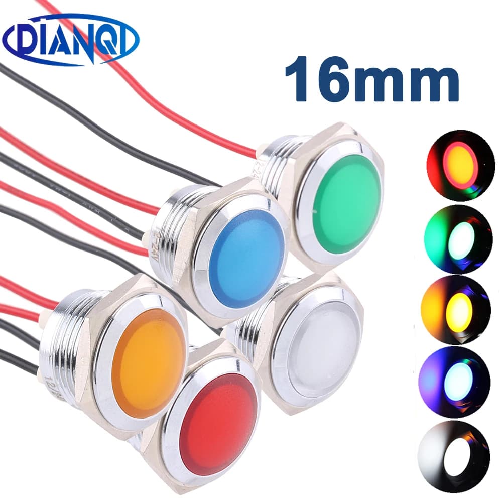 LED indicateur en métal 16mm lampe de signalisation étanche lumière 3V 6V 12V 24V 220v vis connecter