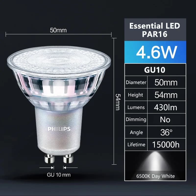 Philips GU10 PAR16 LED Spot Light Essential 4.6W (=50W Halogène) 220-240V 36 ° Lampes encastrées a