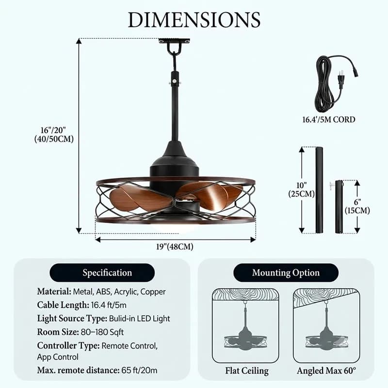 Ventilateur de plafond extérieur LED 20 pouces avec lumière, étanche, pour gazebo, véranda, ventilat