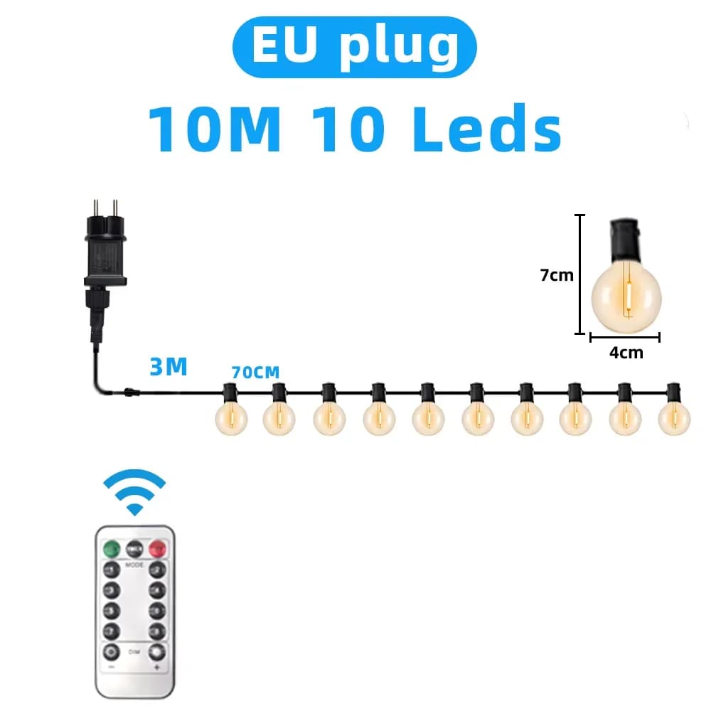 Guirlande lumineuse LED d'extérieur avec ampoules incassables G40, télécommande à énergie solaire, é