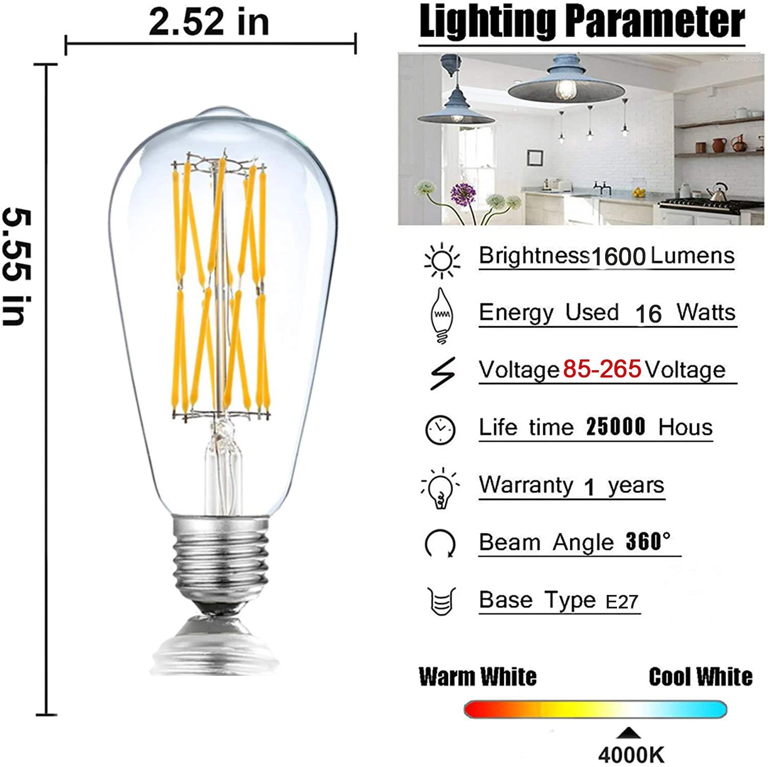 Ampoule à Filament LED Edison rétro E27, ST64 12W 16W 85-265V, blanc chaud, blanc naturel, 4500K, lumière décorative, 4 pièces