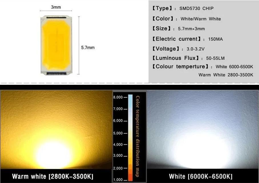 100 pièces 5630 5730-CW/WW 0.5W-150Ma 50-55LM 6500K lumière blanche SMD 5730 diodes LED 3.2 ~ 3.4V blanc chaud rouge jaune vert bleu