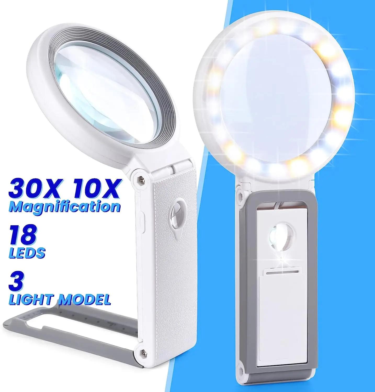 Loupe 30X 10X avec lumière et support, loupe portative pliante, loupe éclairée à 18 LED pour la lecture