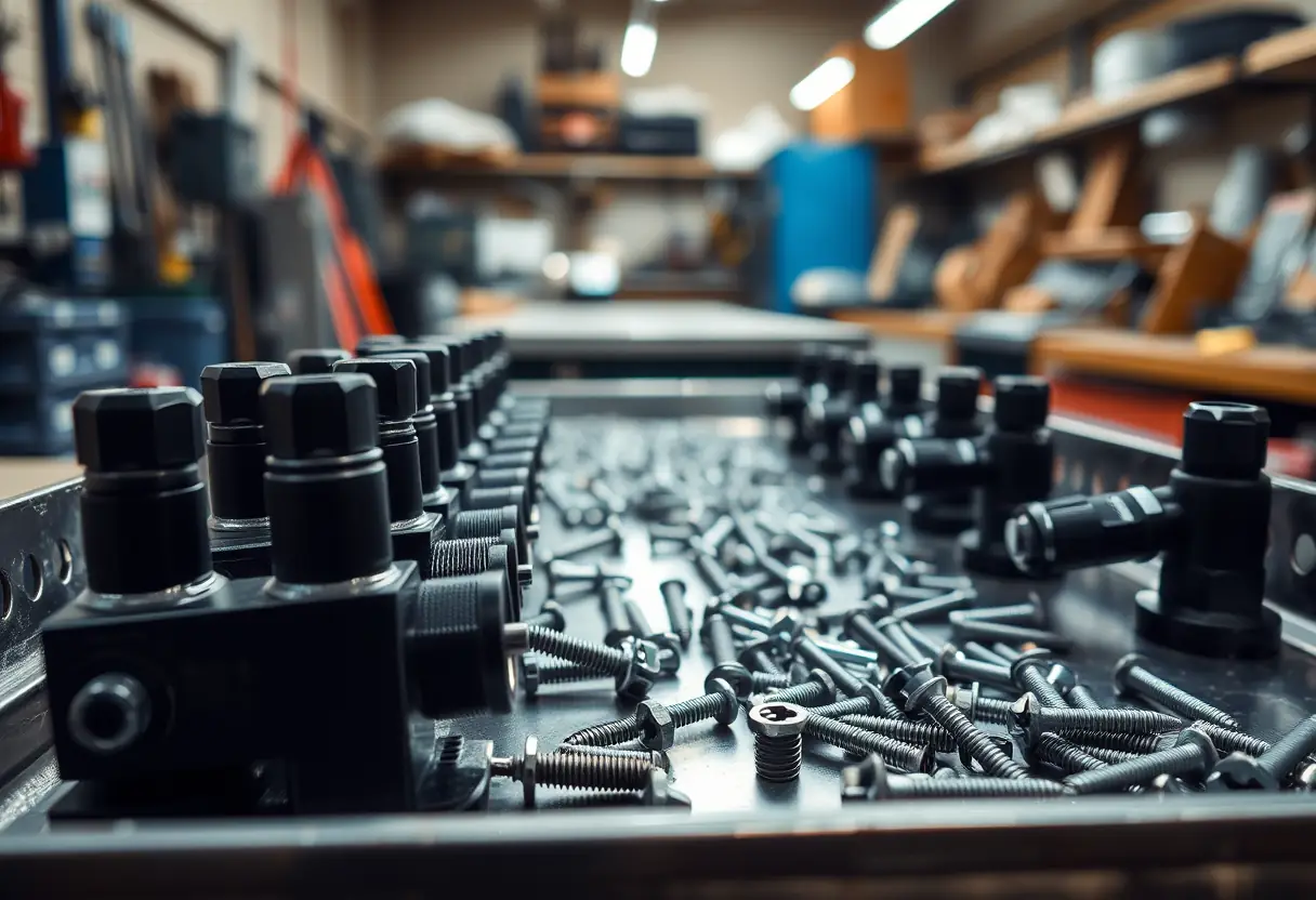 Vis et visseaux alignés sur un plateau métallique dans un atelier bien éclairé