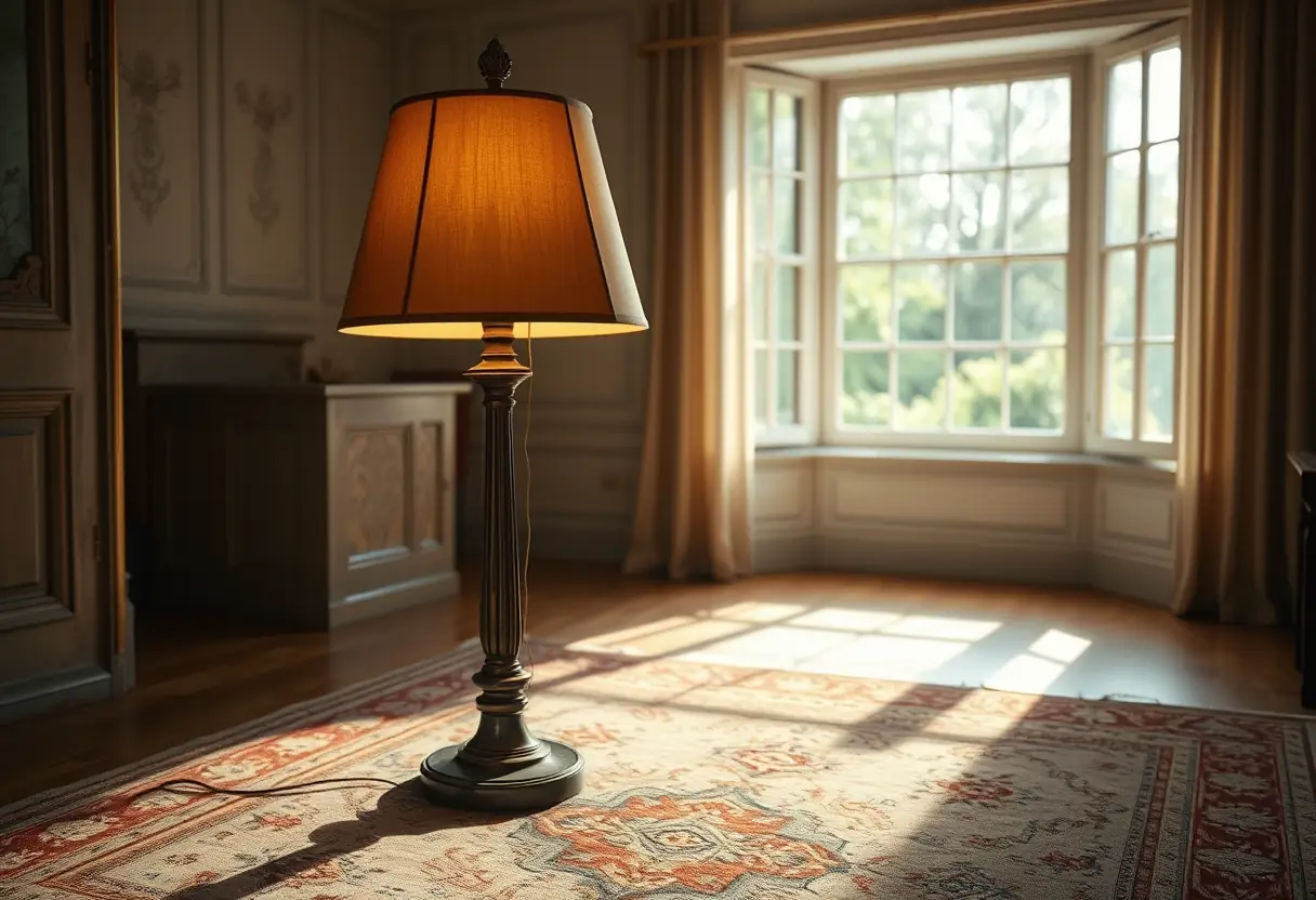 Lampe avec abat-jour en soie éclairant un tapis dans un intérieur