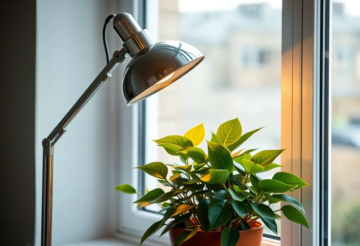 Tête ajustable d'une lampe sur pied mettant en valeur une plante à la fenêtre