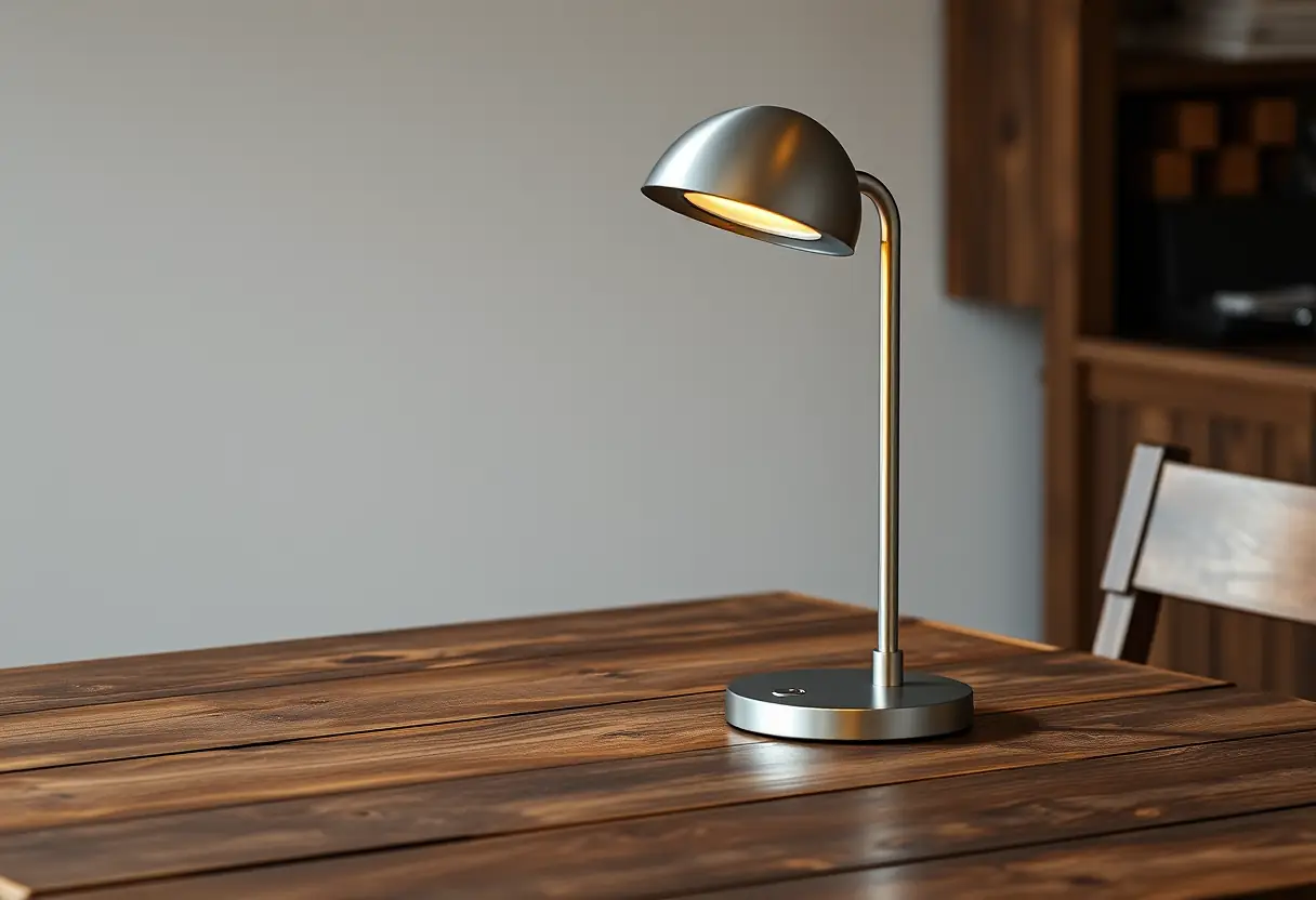 Un abat-jour moderne en métal avec réglage de luminosité sur une table en bois