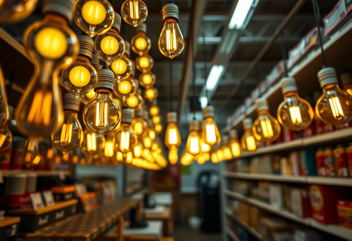 Rangée de lampes à incandescence dans un magasin, émettant une lumière chaude