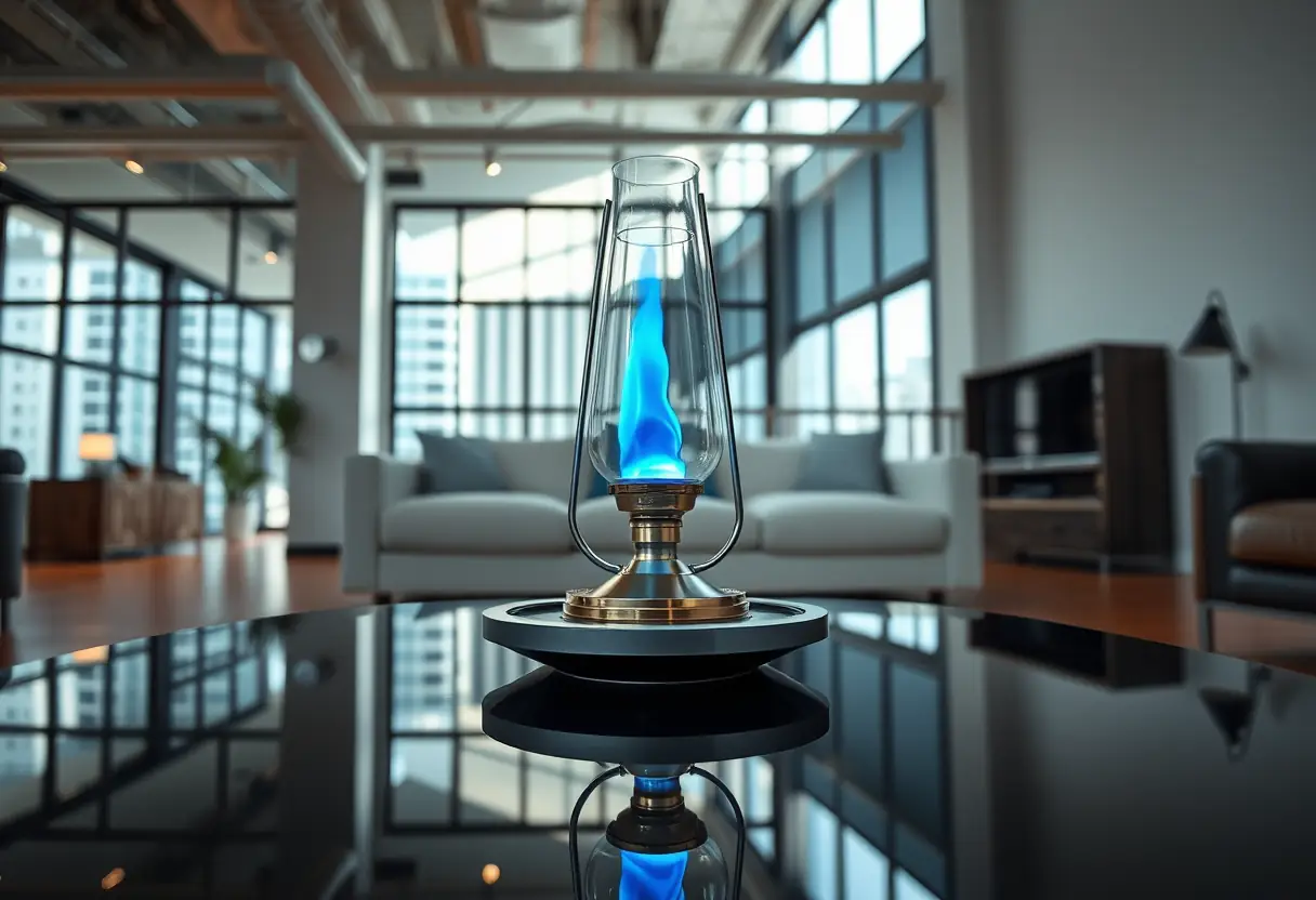 Lampe à pétrole moderne avec flamme bleue sur une table basse dans un loft urbain