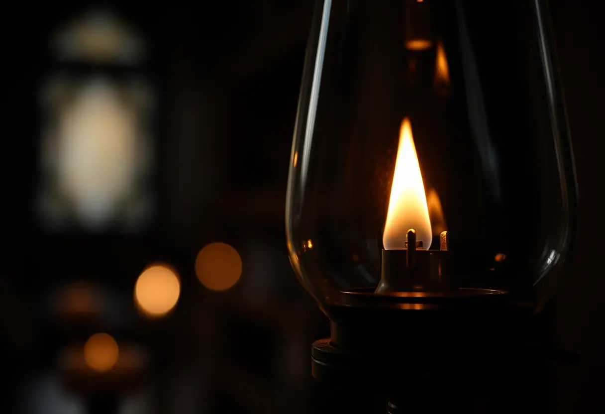 Flamme d'une lampe à pétrole ancienne, ambiance chaleureuse, texte alternatif