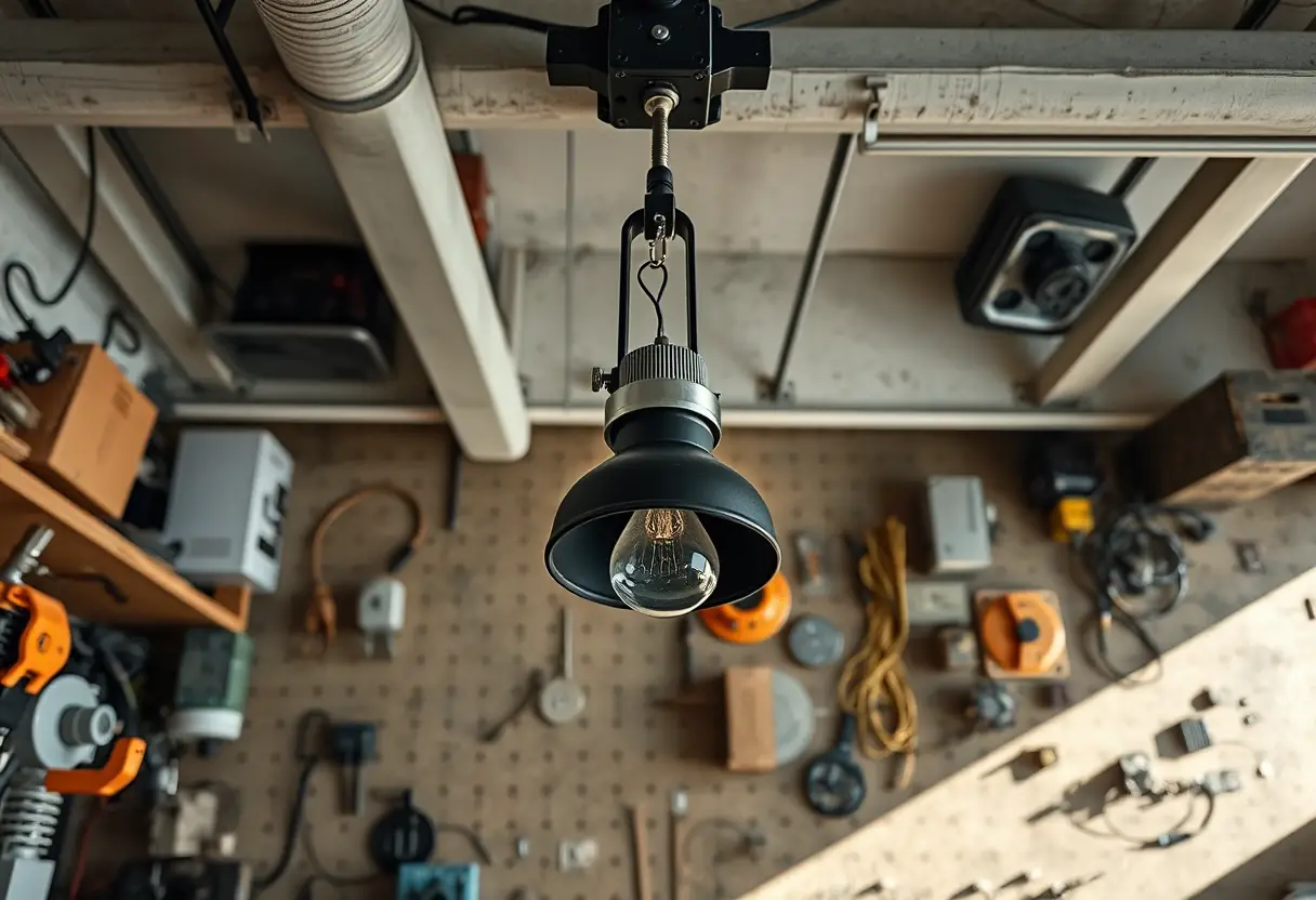 Lampe à pince au-dessus d'un atelier de mécanique