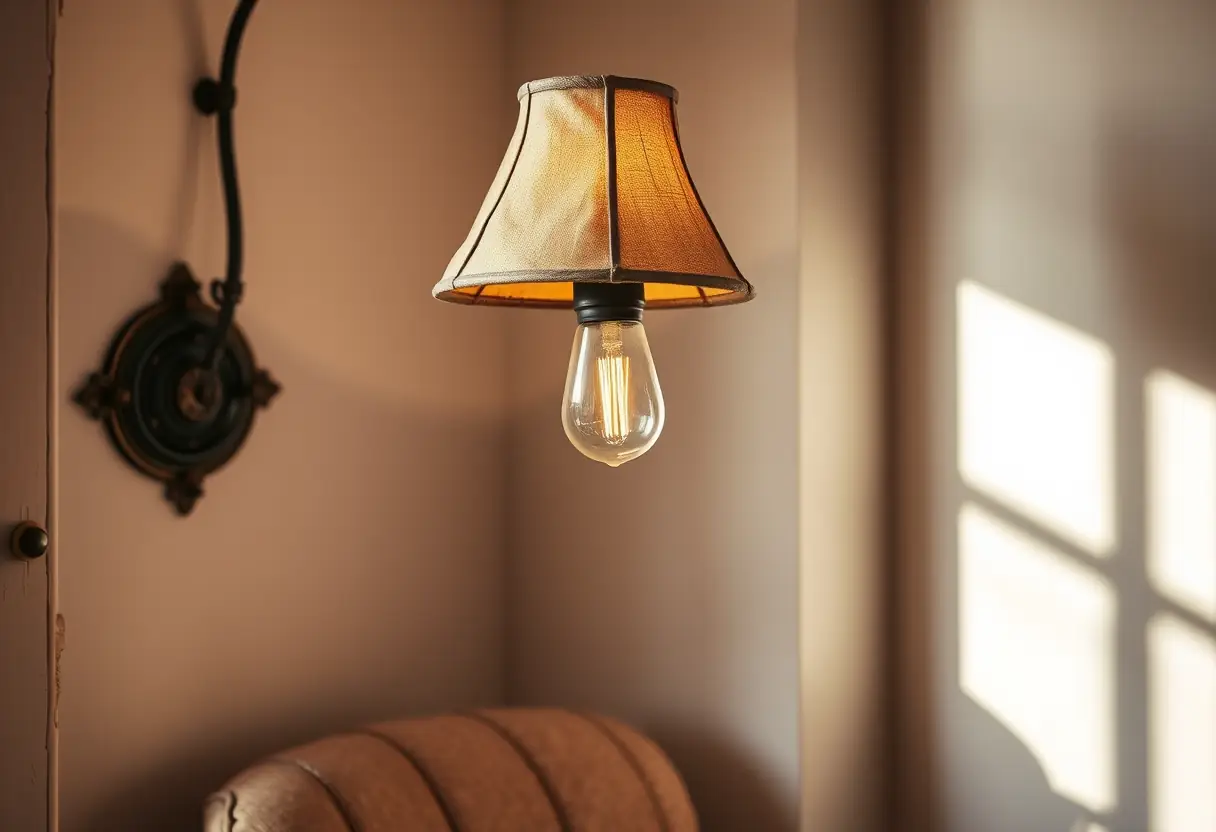 Lampe murale rustique au plafond d'un fauteuil vintage dans un coin lecture chaleureux