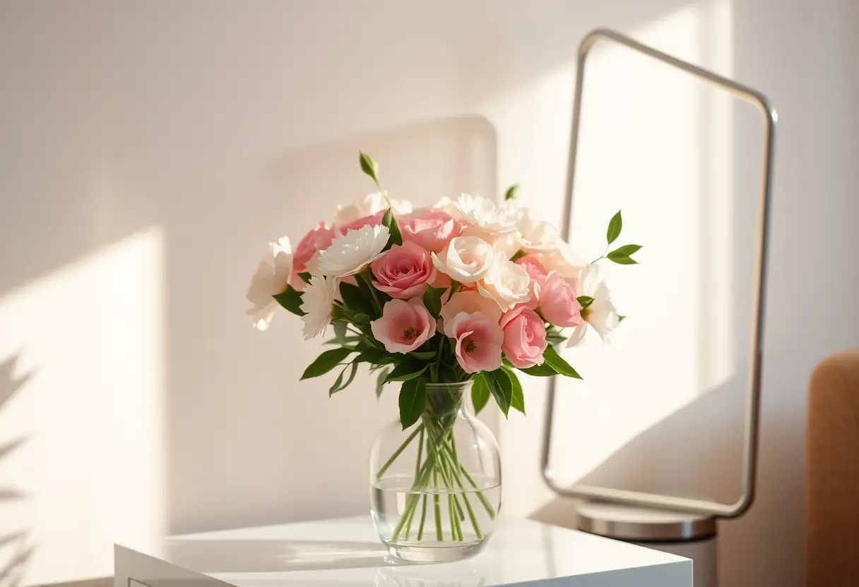 Lampe Atmosphera éclairant un vase de fleurs sur une commode
