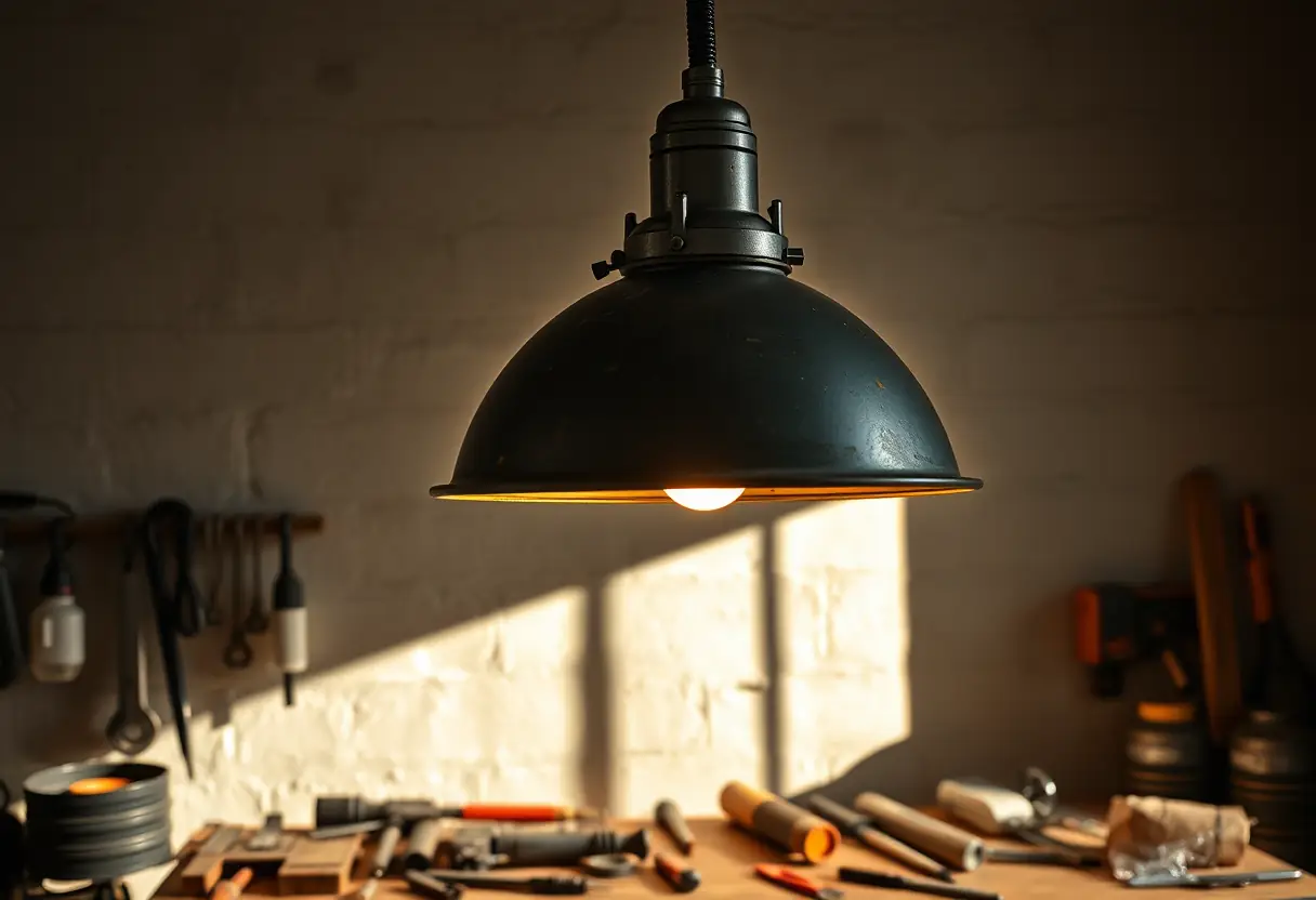 Lampe murale industrielle au-dessus d'un plan de travail baigné de lumière chaude