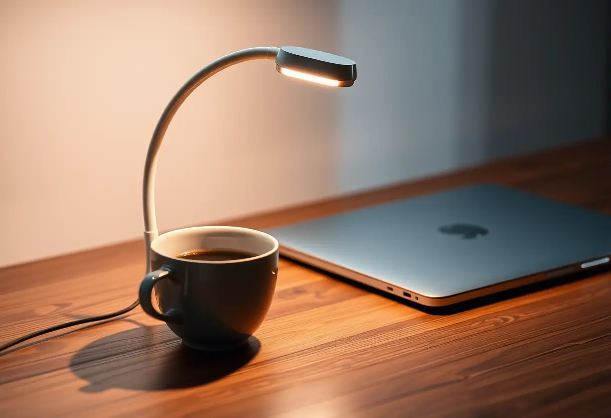 Une lampe de bureau flexible sur une table de travail, éclairant un café et un ordinateur portable