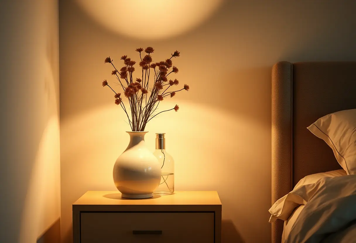 Lampe de chevet céramique éclairant une commode avec des fleurs sèches