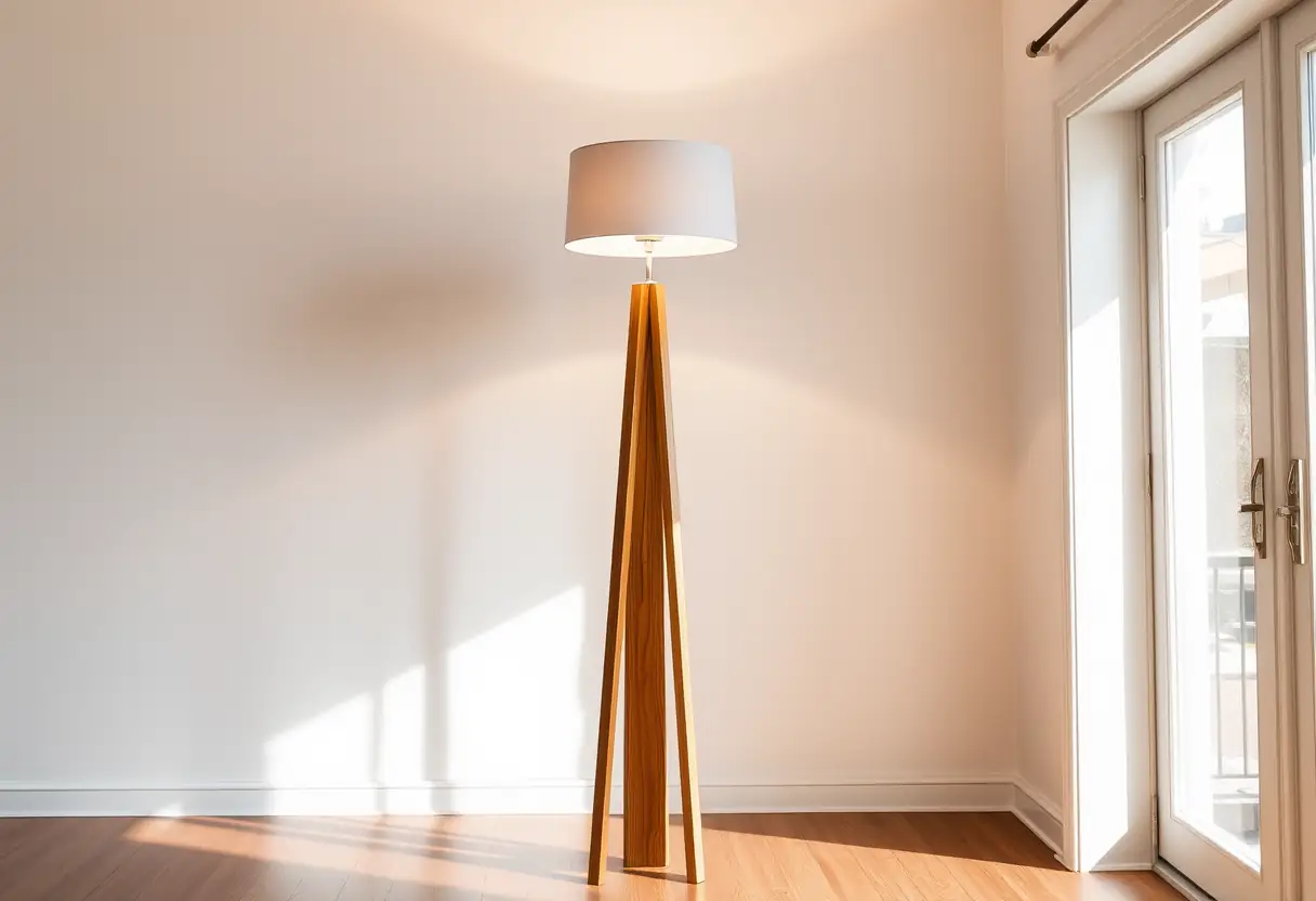 Une grande lampe de poche en bois dans un salon éclairé naturellement
