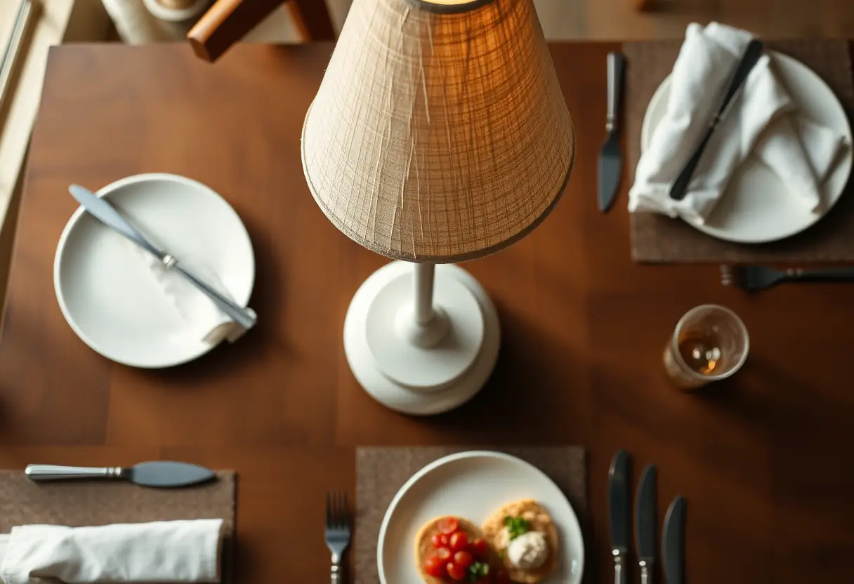 Lampe design suspendue au-dessus d'une table de salle à manger