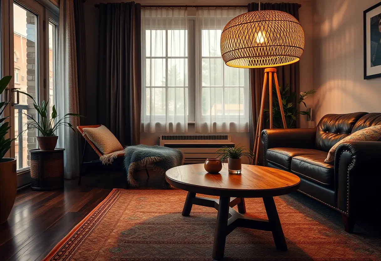 Lampe en rotin dans un salon chaleureux éclairant un canapé