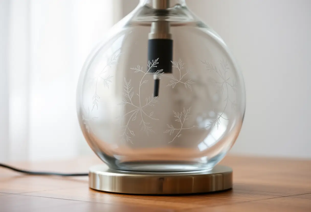 Vue rapprochée d'une lampe de bureau en verre sur un bureau en bois