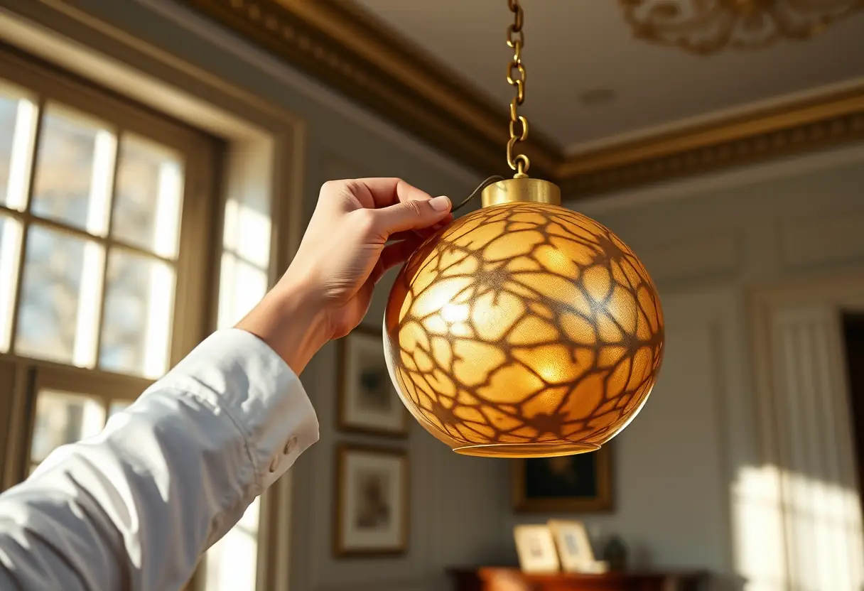 Une main ajuste délicatement une suspension dorée dans un bureau élégamment décoré