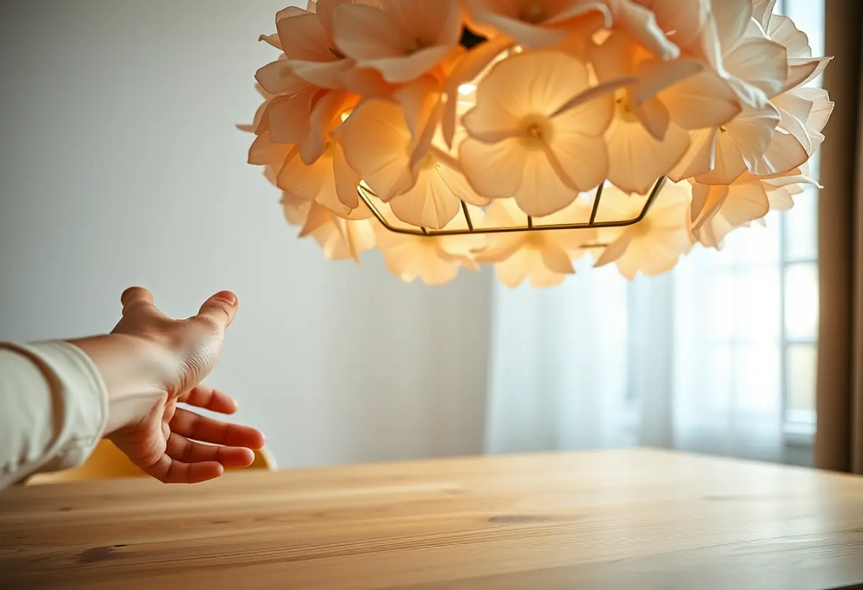 Main posant délicatement une lampe fleur sur une table