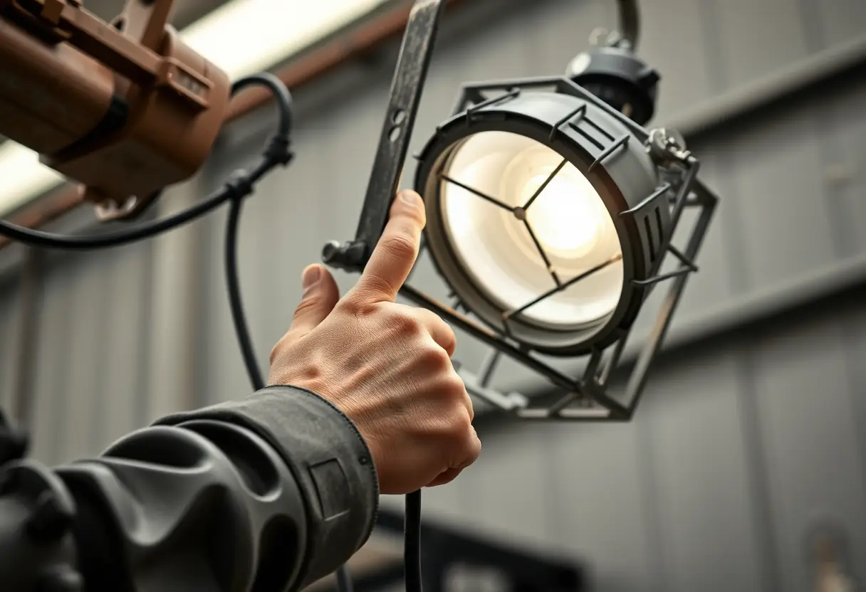La main d'un ouvrier ajustant le cadre en acier d'une lampe industrielle
