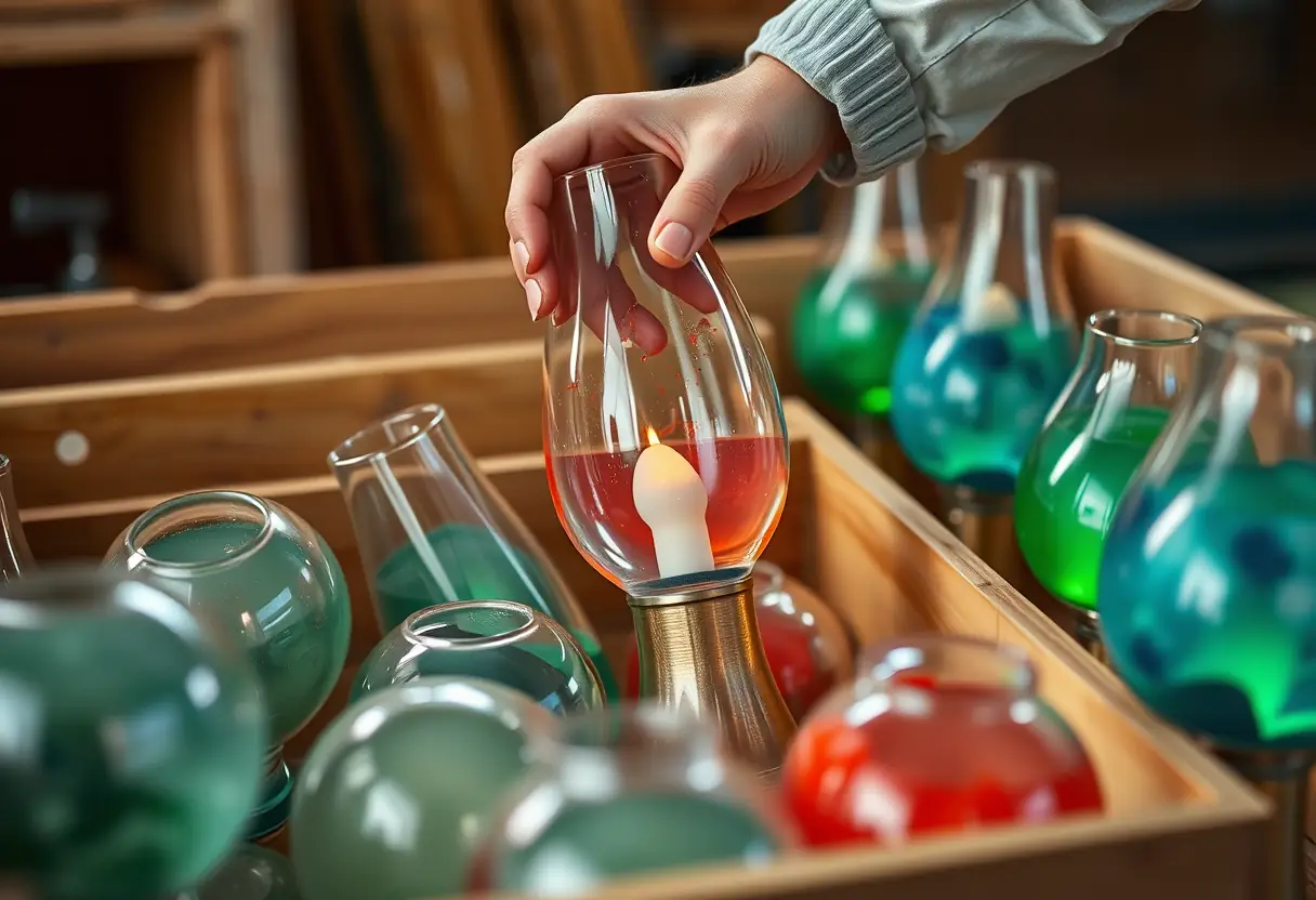 Main de souffleur de verre posant une lanterne en verre dans un carton, soulignant l'artisanat derrière la lampe lave